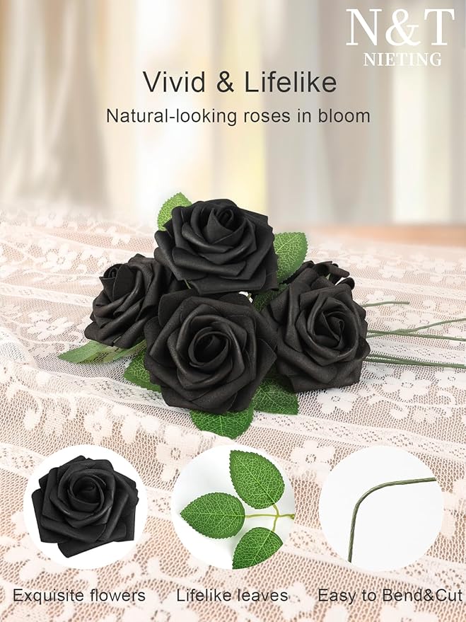 N&T NIETING Artificial Flowers Black Rose 50pcs Real Touch Flowers Perfect for for DIY Bouquets Wedding Party Baby Shower Home Decoration
