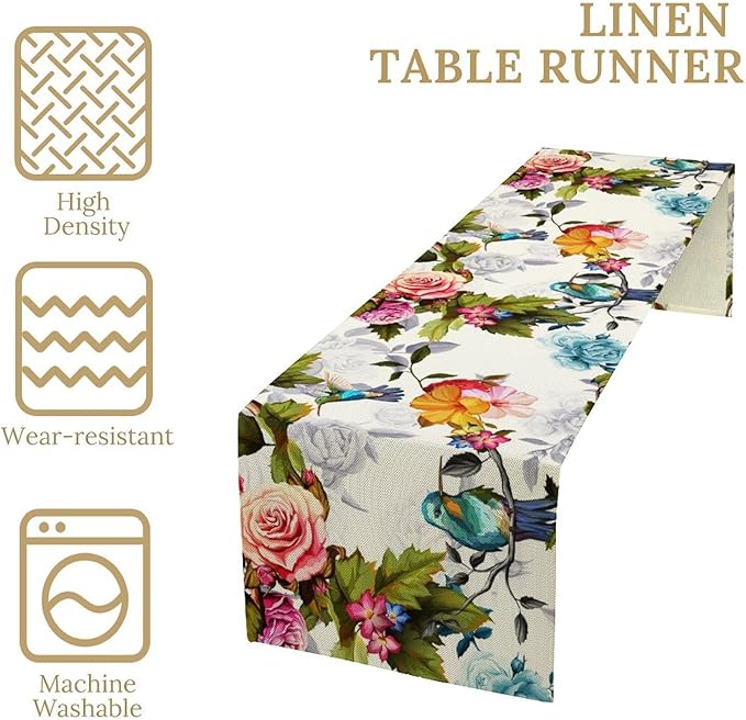 Hummingbird Table Runner,Vintage Floral Country Style Table Cloth Home Kitchen Restaurant Party Decoration 13x90 Inch