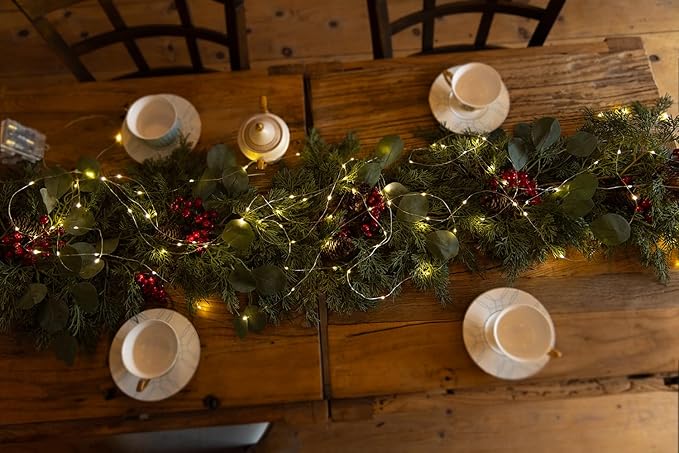 6.3FT Christmas 144 Branch Tips Cedar Garland with LED String Lights, Anna's Whimsy Seasonal Artificial Pine Cypress Garland, Holiday Indoor Outdoor Christmas Decor