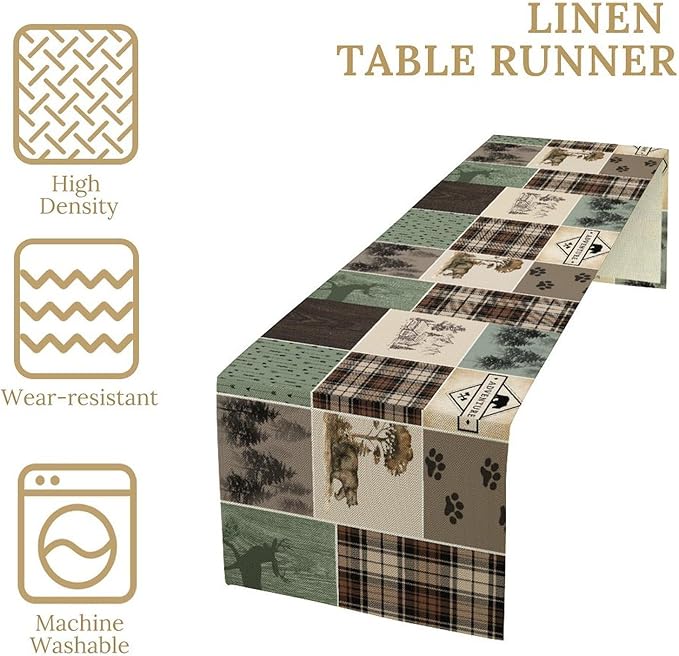 Bear Deer Table Runner,Rustic Lodge Retro Country Farmhouse Buffalo Plaid Print Tablecloth Burlap for Hotel Indoors Outdoor Dining Room Kitchen Home Decor,W13X L70 in