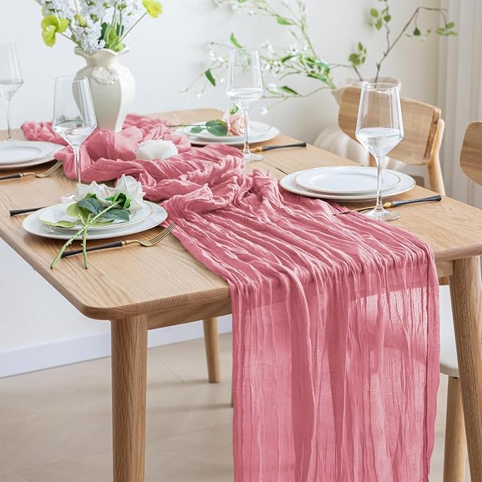 Asee'm 2pcs Cheesecloth Table Runner 120 Inches Dusty Rose Boho Gauze Cheese Cloth Runner 10FT Rustic Sheer Table Runners for Summer Wedding Baby Shower Holiday Party Decoration