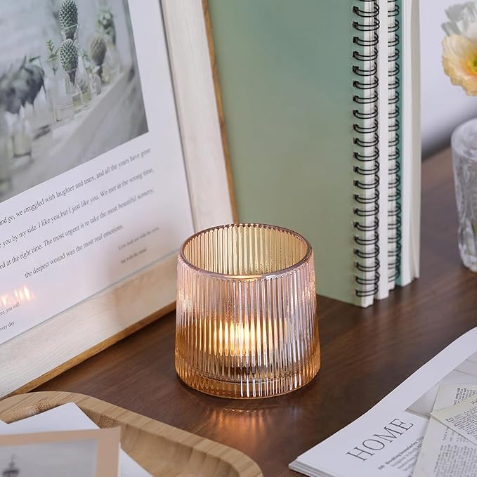 DARJEN Gold Ribbed Tealight Votive Candle Holders Set of 10- Tea Light Candle Holders Glass for Table Centerpiece, Votive Candle Holders for Home, Wedding & Fall Decor