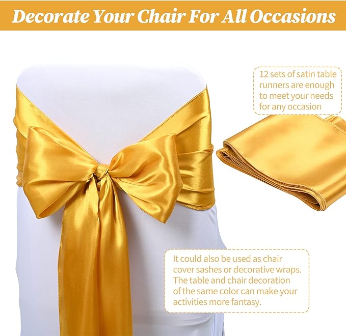 12 Pack Gold Satin Table Runner,12 x 108 inch Long Premium Smooth Table Runner for Wedding, Banquets, Birthday, Party, Graduation, Engagements, Table Runners fit Rectangle and Round Table