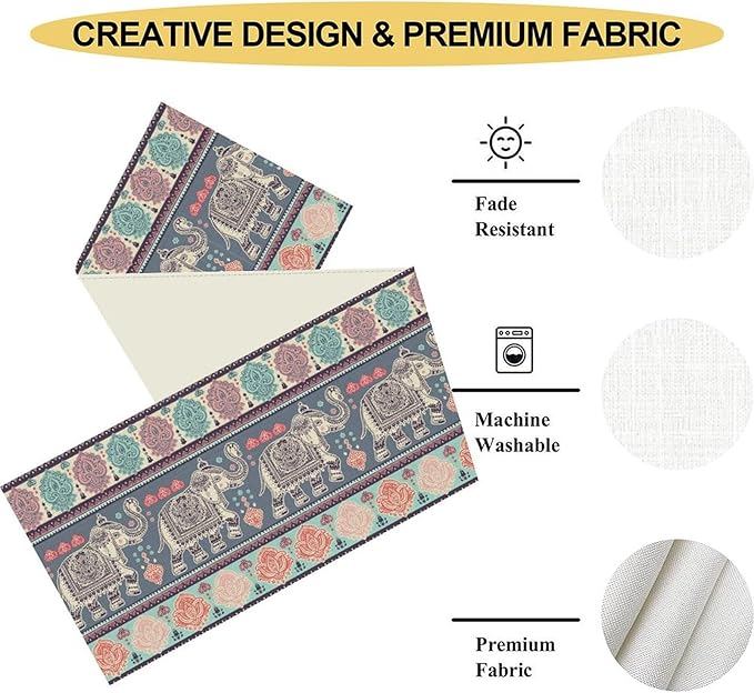 Boho Table Runner, Indian Bohemian Elephant Mandala Paisley Floral Hippie Art Print Table Center Decor for Home Kitchen Dining Patio Holiday Party Indoor Outdoor Table Decorations, 13"x108" Inch