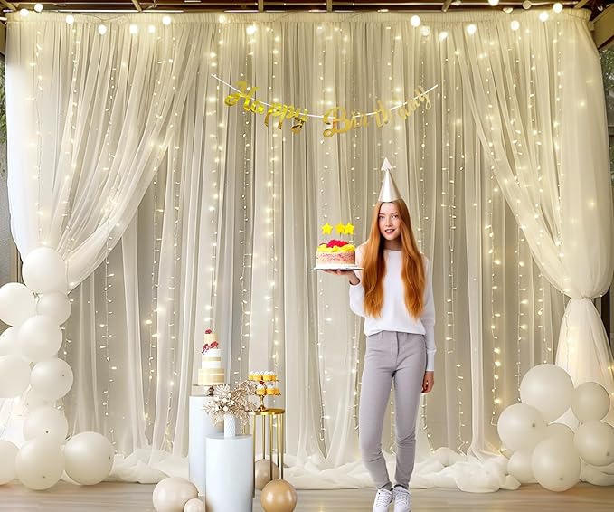 20ft x 10ft Ivory Tulle Photo Backdrop Curtain with Lights String for Parties Wedding Sheer Ivory Curtain Backdrop for Birthday Party Bridal Shower Photo Booth Photography Background Decorations