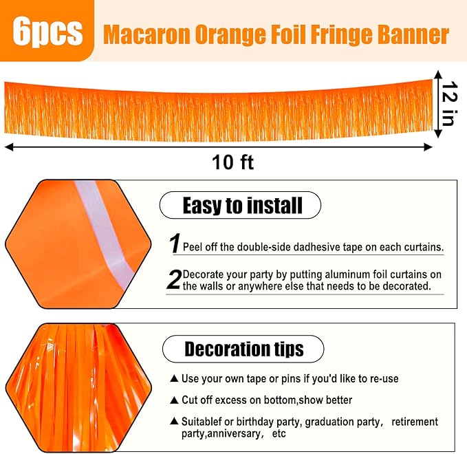 6 Pack 10 Feet Macaron Orange Foil Fringe Garland Metallic Tinsel Streamers Banner Wall Hanging Curtain Backdrop for Parade Floats, Birthday, Graduate, Mother's Day, Wedding Party Decoration