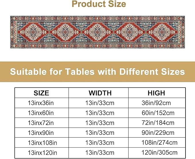 Boho Floral Vintage Table Runner, Red Blue Retro Flower Rustic Country Farmhouse Pattern for Home Kitchen Table Decor Dining Coffee Room Party Decor 13x90in