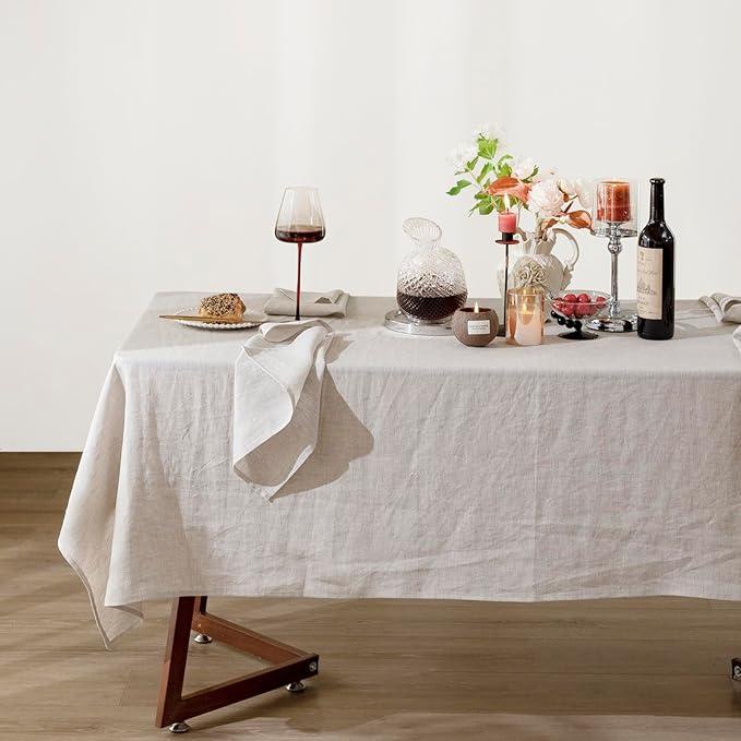 Talasily Linen Tablecloth 100% Pure Linen Table Cloth 60x144 Inches Rectangle Tablecloths Washable Cloths for Kitchen, Dining, Buffet Parties, Holidays, Picnic, Weddings and Restaurants-Natural Linen