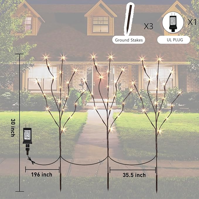 PEIDUO Lighted Brown Branches with Timer, 30Inch 3PK 60 LED Pathway Lights, Willow Branch Lights for Home Decorations Indoor Apartment Outdoor Stake Lights for Lawn
