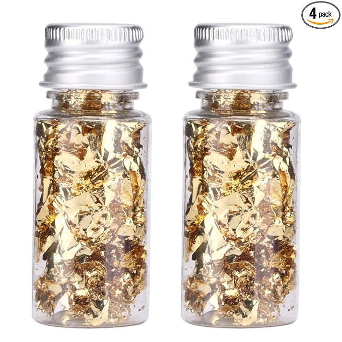Lwuey Decorating Flakes, Gold Leaf Cake Decoration Flake Goldlen Toppers Gilding Foil Decor Imitation Metallic Decorative Drink Cooking Chocolates Cakes Drinks Dessert Cupcake Makeup 4PCS