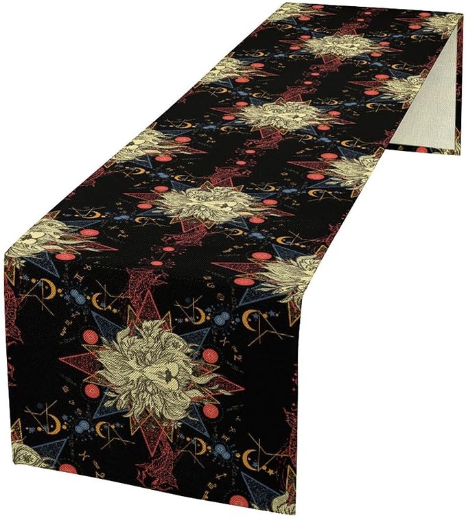 Boho Moon Lion Table Runner, Chinese Fish Phase of The Moon Sun Moon Table Runner for Kitchen Dining Table Home Party,13x70 Inch Black Red