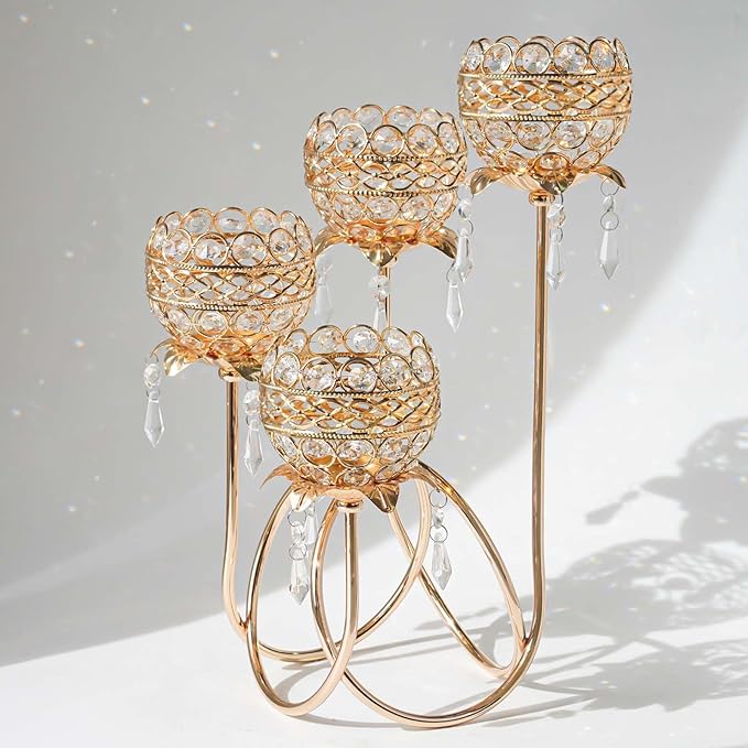 4 Arms Crystal Candelabra Tealight Holder - Tall 15.7 Inch Elegant Centerpiece with Crystal Pendant Bowls & Artistic Metal Stand for Wedding, Dining Table, Home Decor (1, Gold)