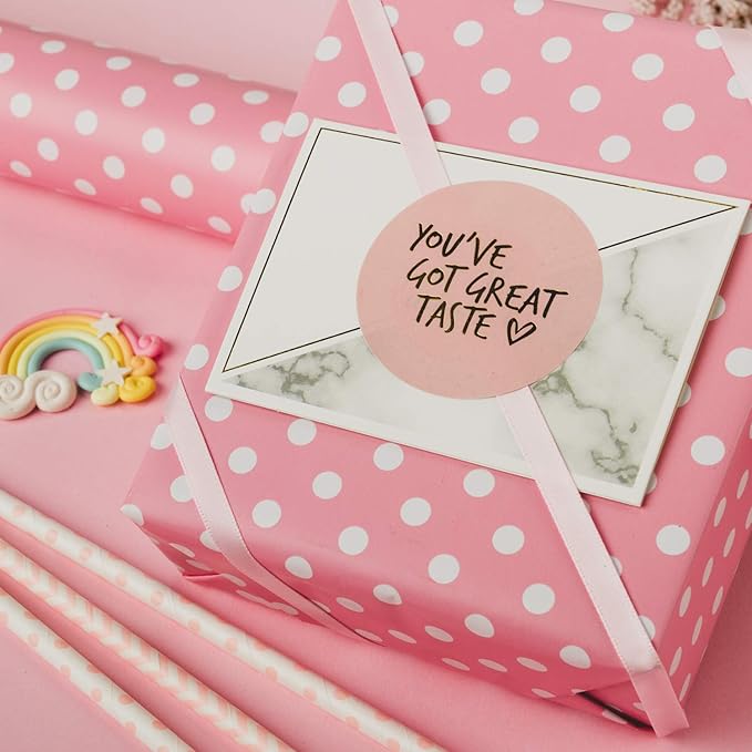 WRAPAHOLIC Reversible Wrapping Paper - Mini Roll - 17 Inch X 33 Feet - Pink and Polka Dot Design for Birthday, Holiday, Wedding, Baby Shower