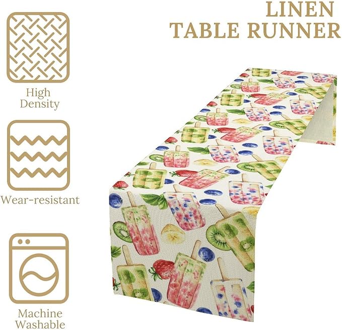 Ice Cream Table Runner, Watercolor Fruit Ice Popsicles Berry Kiwi Cold Summer Desserts Seasonal Dinner Runner for Party Holiday Home Kitchen Dining Table Decor 13"x70"