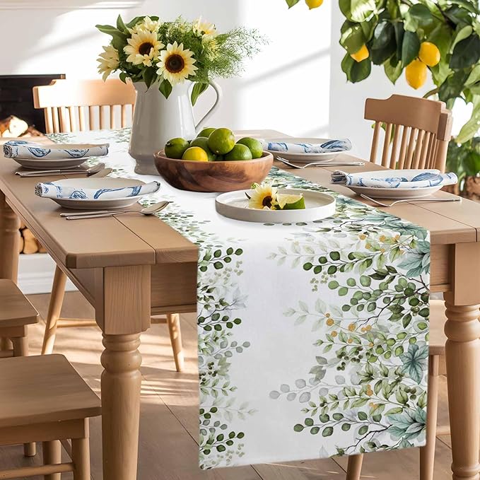 Sage Green Eucalyptus Cotton Linen Table Runner for Dining Kitchen, Farmhouse Leaves Wedding Outdoor Party Tablerunners Decoration Botanical Floral Dresser Scarf Coffee Tablecloth Runners 13x36 Inches