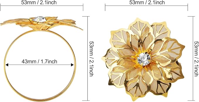 KPOSIYA Flower Napkin Rings Holder Metal Black Napkin Rings Set of 50 for Wedding Party Holiday Banquet Christmas Dinner Delicate Serviette Buckles Decor Favor (50, Gold)