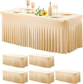Wish Care 6 Pack Champagne Spandex Table Clothes for 8 Foot Rectangle Tables, 8FT Wrinkle Free Fitted Tablecloths Ruffles Design Table Cover for Party, Banquet, Wedding and Events
