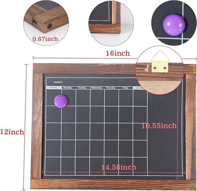 Magnetic Chalkboard Calendar for Wall Monthly Planner Board Wite Wood Frame Reusable Planning Blackboard for Record Daily Tasks List 12" x 16"