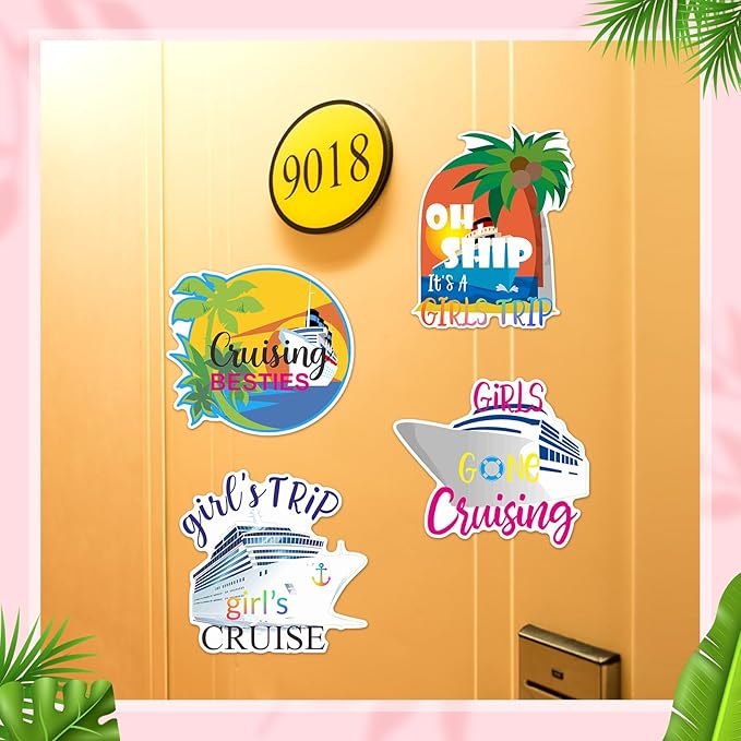 Hoteam 4 Pcs Girls Trip Cruise Door Decorations Magnetic Large Girls Cruise Ship Door Magnets Funny Waterproof Nautical Magnets for Carnival Cabin Stateroom Fridge Car