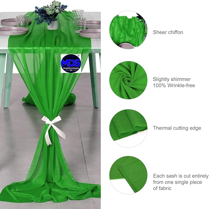 MDS 25 Pack 10ft Chiffon Table Runner 29 x 120 Inches Sheer Wedding Runner Romantic Rustic Table Runner for Wedding Decorations, Birthday Parties, Bridal Shower Party Arch Decor - Green