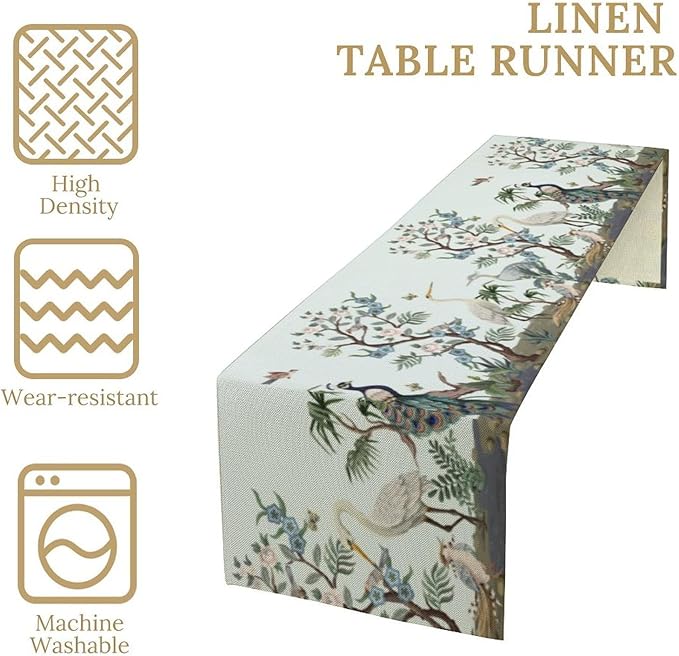 Peacock Table Runner,Retro Chinese Peonies Flowers Peacock Table Runner for Home Kitchen Dining Party Indoor Outdoor Decoration 13x70 Inch