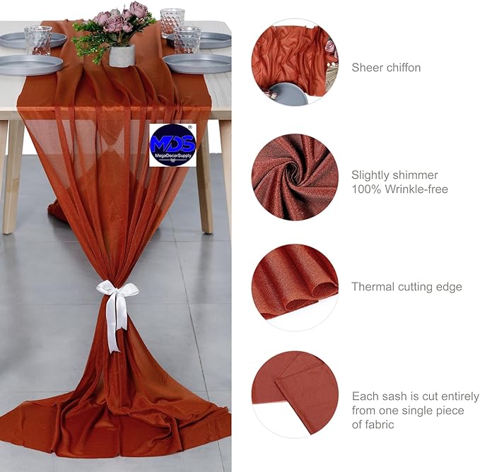 MDS 5 Pack 10ft Chiffon Table Runner 29 x 120 Inches Sheer Wedding Runner Romantic Rustic Table Runner for Wedding Decorations, Birthday Parties, Bridal Shower Party Arch Decor - Terracotta