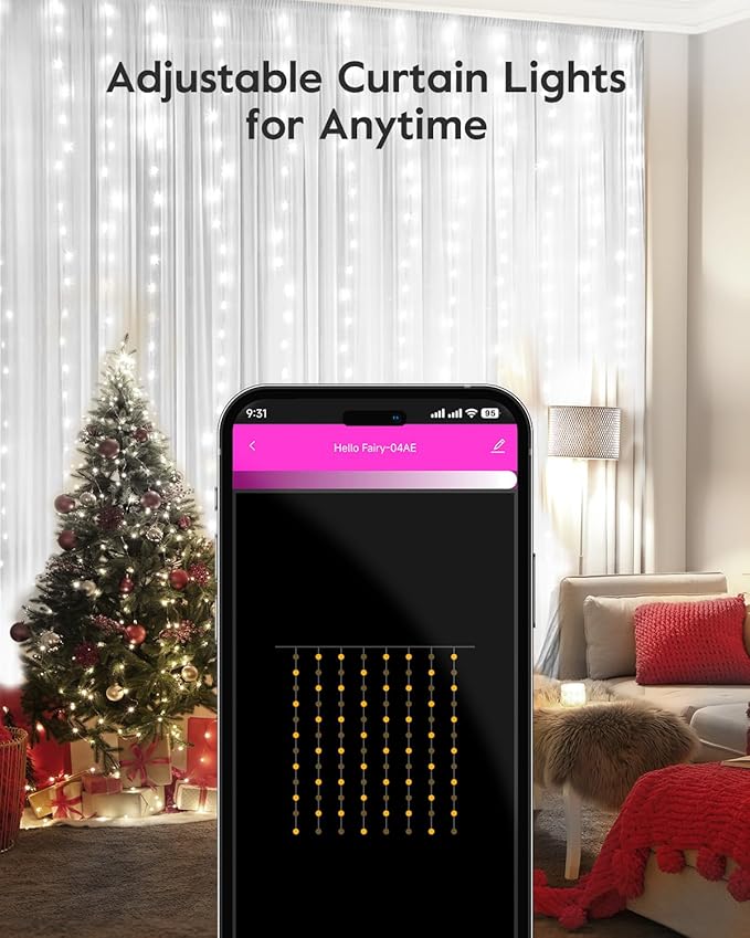 Brightown Smart Curtain String Lights - 9.8ft 300 LED Fairy Light with APP Remote, 8 Modes, USB Powered Waterproof Christmas for Bedroom Wedding Party, White