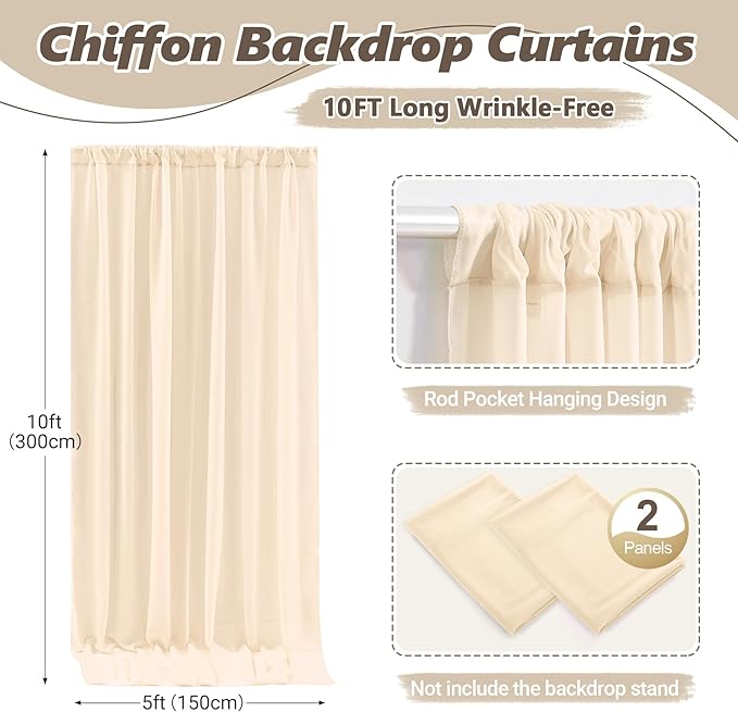 10ft x 10ft Champagne Backdrop Curtains, Wrinkle-Free Sheer Chiffon Fabric Photo Backdrop Drapes for Wedding Arch Party Ceremony Stage Photography Decorations