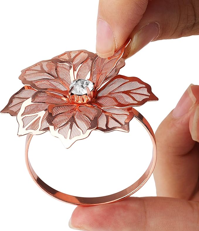 KPOSIYA Flower Napkin Rings Holder Metal Rose Gold Napkin Rings Set of 6 for Wedding Party Holiday Banquet Christmas Dinner Delicate Serviette Buckles Decor Favor (6, Rose Gold)