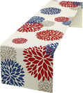 4th of July Table Runner, Blue Red Dahlia Flower American Patriotic Memorial Day Table Runner for Farmhouse Kitchen Dining Table Party Decor, 13x108inch