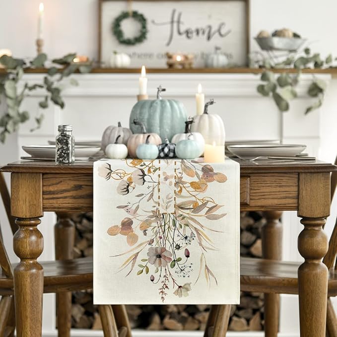 Artoid Mode Wildflower Leaves Floral Fall Table Runner, Autumn Thanksgiving Kitchen Dining Table Decoration for Indoor Outdoor Home Party 13x60 Inch