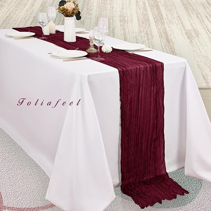 Burgundy 12 Pack Cheesecloth Table Runner 10FT Rustic Gauze Cheese Cloth Table Runner for Wedding Bridal Baby Shower Table Decor 20 x 120 Inch Long Boho Fabric Sheer Birthday Party Table Decorations