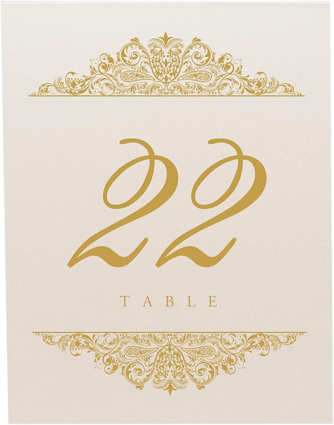 Paisley Wedding Table Numbers (Select Color/Quantity), Champagne, Gold, 1-80, Double Sided, Tent or Use in a Stand, Great for Parties & Restaurants - Made in the USA