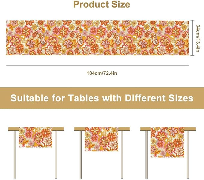 Vintage Floral Table Runner,70s Style Retro Daisies Flower Hippie Table Runner for Kitchen Dining Table Home Party Decoration 13x72 Inch
