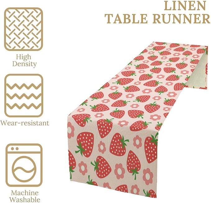 Strawberry Table Runner Spring Summer Fruit Pink Berry Forest Garden Dinner Runner for Girl Baby Shower Party Holiday Home Kitchen Dining Table Decor 13x60
