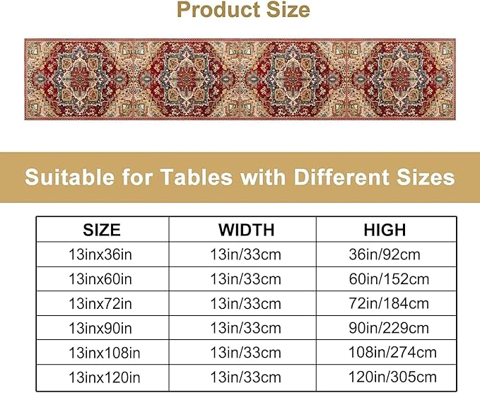 Boho Bohemia Style Table Runner, Vintage Red Brown Retro Flower Rustic Country Style Floral Print Pattern for Home Kitchen Table Decor Dining Coffee Room Garden Party Decor 13x120in