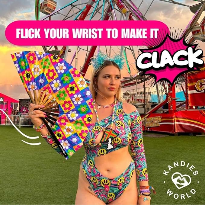Kandies World Custom Festival Folding Hand Fan - Unique Designs, Made of Bamboo, Clacking Sound, Lightweight - Perfect Rave and Festival Accessory!