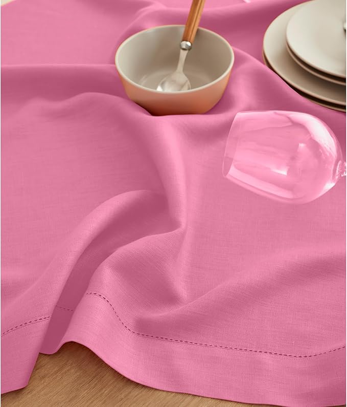 Solino Home Linen Table Runner 36 Inches - 100% Pure Linen Flamingo Pink Hemstitch Table Runner 14 x 36 Inch Ideal for Dresser and Coffee Tables - Halloween - Classic Hemstitch