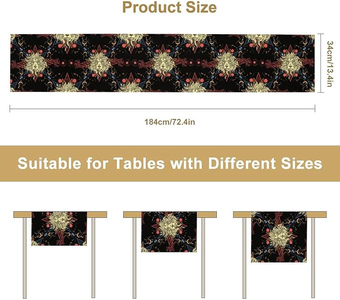 Boho Moon Lion Table Runner, Chinese Fish Phase of The Moon Sun Moon Table Runner for Kitchen Dining Table Home Party,13x70 Inch Black Red