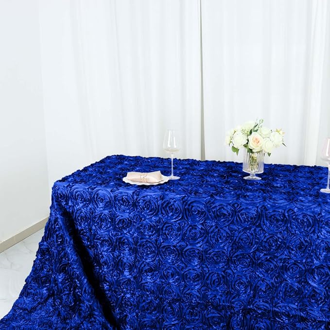 Efavormart 90"x156" Wholesale Rectangle Table Cover Royal Blue Grandiose Rosette 3D Satin Tablecloth for Wedding Party Event
