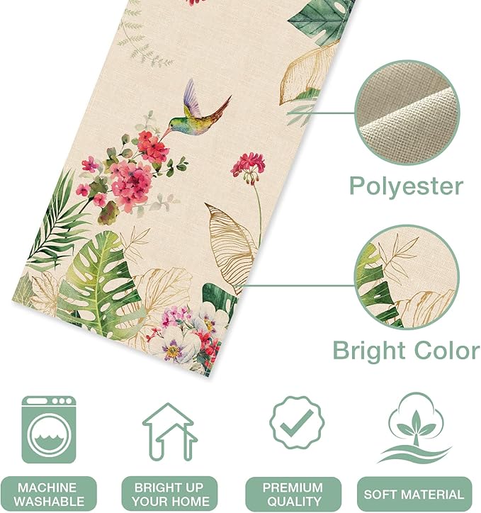 Seliem Summer Tropical Hummingbird Palm Leaf Greenery Table Runner, Spring Birds Home Kitchen Monstera Geranium Flowers Dining Decor, Seasonal Burlap Decorations Anniversary Party Supply 13 x 48 Inch