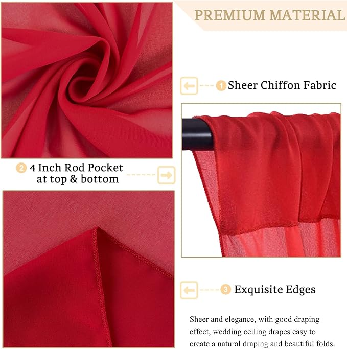MODFUNS Wedding Ceiling Drapes Red Chiffon Ceiling Draping Fabric 5x20ft 6 Panels Sheer Arch Drapes Tulle Draping Fabrics Semi Sheer Stage Curtain for Wedding Banquet Decoration