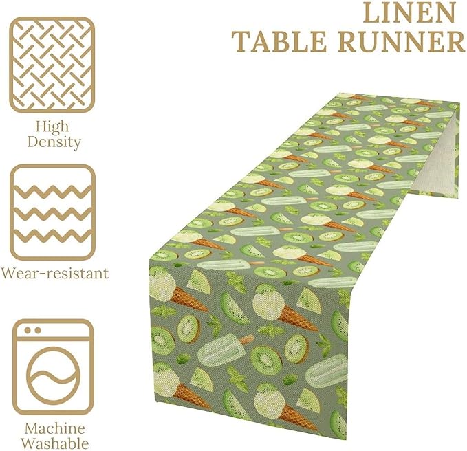 Summer Ice Cream Popsicles Table Runner, Watercolor Green Kiwi Seasonal Fruit Sweet Dessert Dinner Runner for Party Holiday Home Kitchen Dining Table Decor 13"x120"