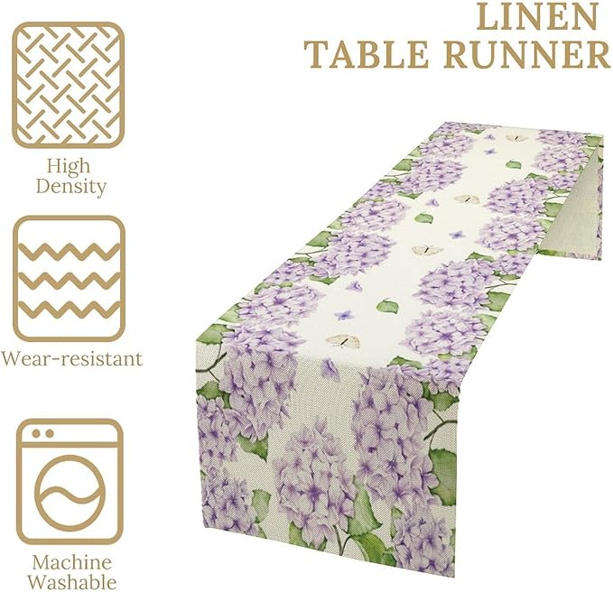 Watercolor Hydrangea Flower Table Runner, Spring Summer Seasonal Plants Butterfly Pink Lavender Dinner Runner for Home Kitchen Dining Table Party Holiday Decoration 13"x108"