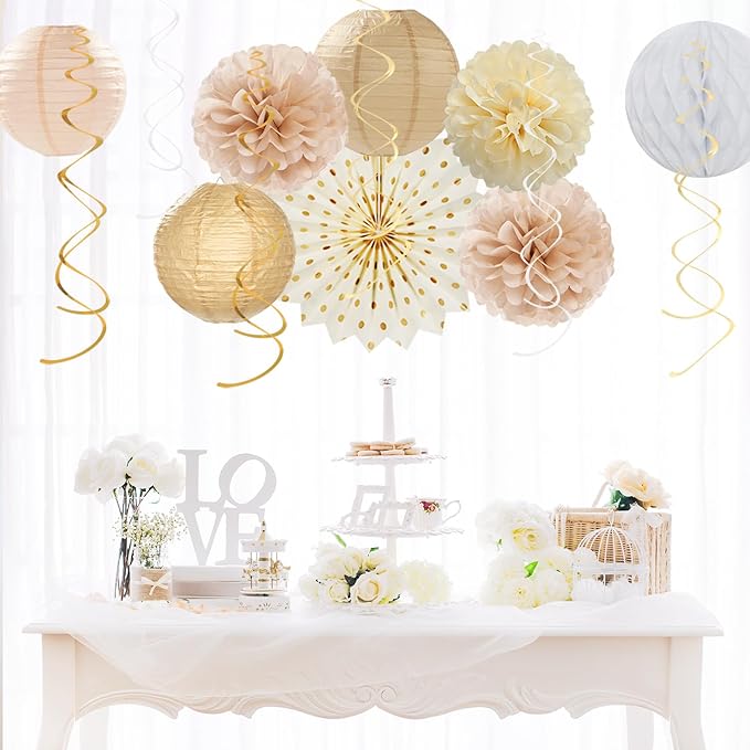 Beige-Champagne Gold White-Peach Boho Party-Decorations - 20pcs Neutral Baby Shower Rustic Wedding Paper Lanterns Fans,Tissue Pom Poms,Honeycomb Balls,Bunting,Birthday Bridal Decor Burgleda