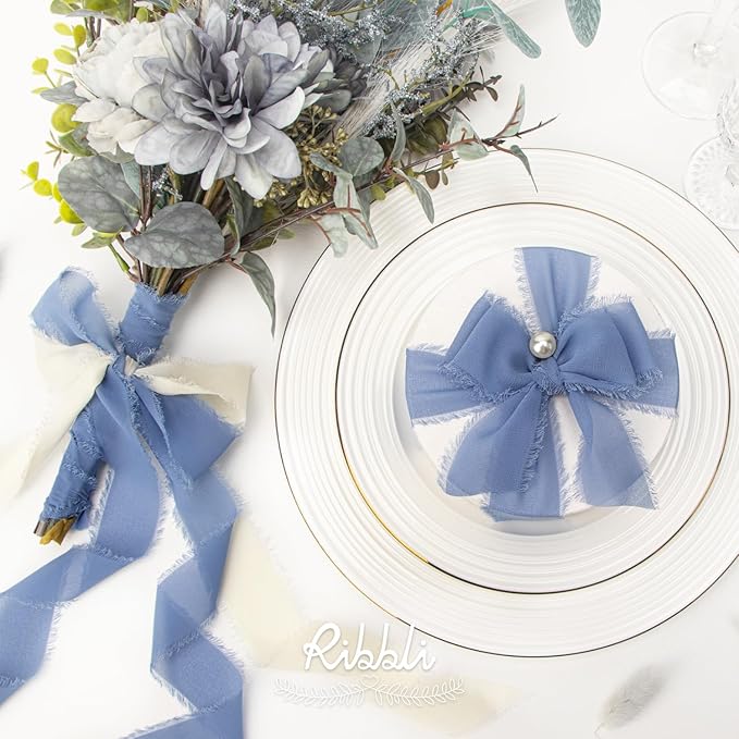 Ribbli Chiffon 1.5 Inch x 30 Yard Handmade Silk Ribbon - Ivory/Sage Green/Dusty Blue Fringe for Wedding Invitations, Bridal Bouquets, Wrapping, Flower Arrangement Decoration