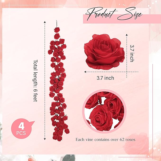 4 Pcs Red Artificial Rose Vine Hanging Faux Flowers Garland for Wedding Anniversary Birthday Party Background Arch Garden Home Wall Room Decor
