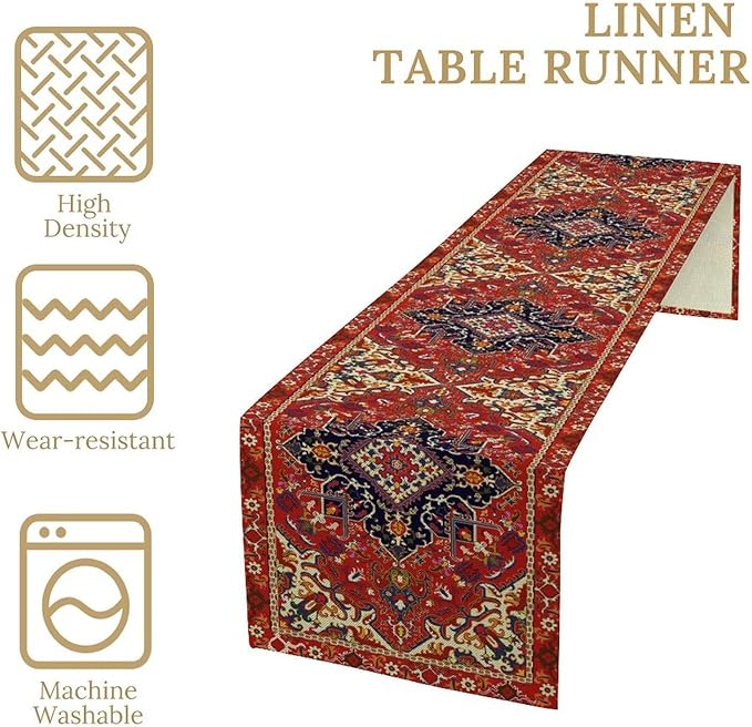 Boho Old French Table Runner, Vintage Red Beige Retro Flower Rustic Country Style Floral Print Pattern for Home Kitchen Table Decor Dining Coffee Room Garden Party Decor 13x60in
