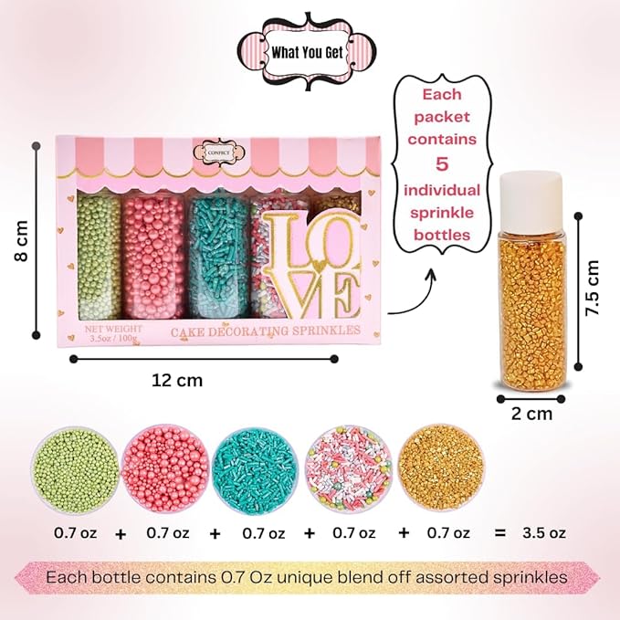 Confect Cool Mom Sprinkles Mix – 5 Pack Assorted Cake & Cupcake Decorations (Teal Jimmies, Green Dragees, Pink Pearls, Sparkling Gold Sugar) –Fun Dessert Toppings for Baking, Parties & Gifts – Vegan, Gluten-Free, Nut-Free, Soy-Free, Dairy-Free, Palm Oi...