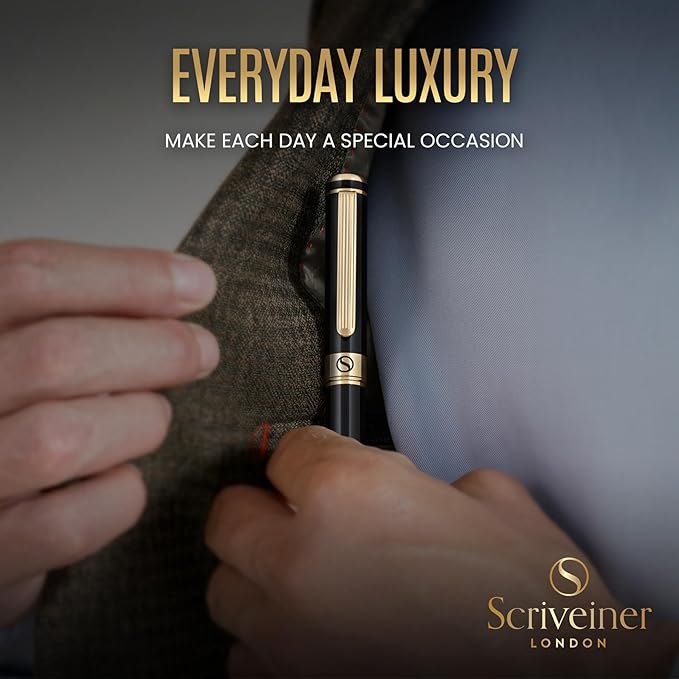 Scriveiner Black Lacquer Fountain Pen - Stunning Luxury Pen, Real Gold Plating, Schmidt Gilded Nib (Fine), Best Pen Gift Set for Men & Women, Professional, Executive, Office, Nice Pens